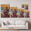Seaside Man, Sunset, Framed Canvas Print, Vibrant beach artwork, coastal boho decor, hallway wall art, Mexico travel scene painting