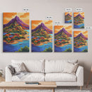 Mountain Village, Sunset, Adventure, Framed Canvas Print, Bright Landscape Wall Art, Colorful Home Decor, Eclectic Living Room Art