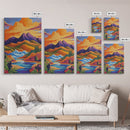 Sunset River, Mountain, Scenic, Framed Canvas Print, Bold Landscape Art, Modern Boho Wall Decor, Nature Scene Living Room Accent