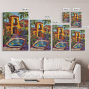 Spanish Fountain, Courtyard, Tropical, Framed Canvas Print, Vibrant Summer Wall Art, Hacienda Living Room Decor, Eclectic Boho Style