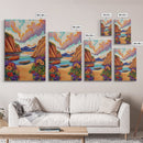 Sunset Boats, Tranquil Cove, Coastal Wall Decor, Framed Canvas Print, Beach House Art, Pastel Sky Painting, Colorful Nautical Art