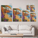 Tropical Beach, Huts, Framed Canvas Print, Island paradise artwork, palm tree coastal decor, bathroom or entryway art, boho summer scene