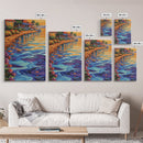 Waterfront Glow, Sunset Village, Palm Colors, Tranquil Scene, Framed Canvas Print, Dining Room Wall Art, Coastal Home Decor, Tropical Vibes