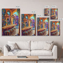 Wine Bar Scene, Cozy Bistro, Mediterranean Patio, Colorful Bar Decor, Kitchen Wall Art, Eclectic Style, Framed Canvas Print