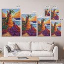 Tropical Bluff, Palm Trees, Coastal Fantasy Scene, Bold Beach Colors, Seaside Home Decor, Canvas Print, Living Room Wall Art