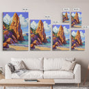 Rocky Spire, Cactus Landscape, Desert Coastline, Nature Escape, Framed Canvas Print, Western Wall Art, Adventure Travel Aesthetic