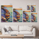 Sunset Rock Path, Ocean Wall Art, Serene Coastal Scene, Framed Canvas Print, Bohemian Living Room Decor, Water Landscape Painting
