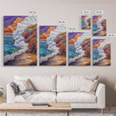 Ocean Wave, Sunset Sky, Rocky Coast, Vibrant Sea — Framed Canvas Print beach wall decor, colorful ocean art, coastal living room wall art
