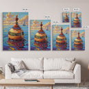 Buoy Ocean Sailboat Painting, Framed Canvas Print, Nautical boho decor, beach home wall art, coastal sunset colors, lakehouse vibe
