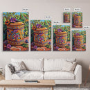 Floral Pot Still Life, Garden Patio Art, Colorful Ceramic Design, Framed Canvas Print, Kitchen Wall Art, Bohemian Home Style