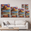 Sunset Beach, Cliffs, Waves, Framed Canvas Print vibrant coastal wall art, beach house decor, ocean cliffs, boho style, living room wall art