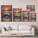 Sunset Lake Reflection, Fiery Sky, Tranquil Water, Mountain Glow, Framed Canvas Print, Bedroom Wall Art, Autumn Decor, Serene Art
