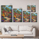 Tropical Courtyard, Retreat, Pathway, Framed Canvas Print, vibrant tropical patio scene, colorful garden art, Spanish boho home decor