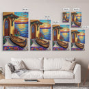 Lakeside Sunset, Canoe, Serenity, Framed Canvas Print, rustic lakefront, sunset art, cozy cabin vibe, boho lakehouse wall art, den art