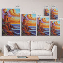 Lighthouse Sunset, Waves, Dramatic Coastal Sunset, Framed Canvas Print, Nautical Office Wall Art, Fall Coastal Decor, Bold Color Painting