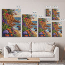 Tropical Coast, Flowers, Waves, Framed Canvas Print vibrant beach cliff wall art, coastal botanical boho decor, Living Room Wall Art