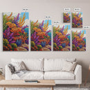 Coastal, Botanical, Garden, Flowers, Framed Canvas Print, Bright coastal flowers with ocean view, ideal summer vibe bathroom or patio wall art
