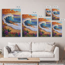 Wave Sunset, Ocean, Flowers, Canvas Print, Crashing sunset wave with tropical flowers, coastal bathroom and surf-themed wall decor