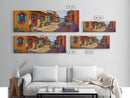 Coastal Village Street, Colorful Adobe Homes, Mediterranean Scene, Framed Canvas Print, Kitchen Wall Art, Rustic Living Room Decor