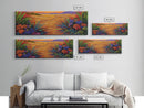Golden Horizon Path, Vibrant Floral Border, Nature Sunset Painting, Framed Canvas Print, Bedroom Wall Art, Warm Color Landscape