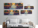 Sunset Canal Garden, Water Reflections, Warm Floral Courtyard, Framed Canvas Print, Kitchen Wall Art, Romantic Boho Artwork