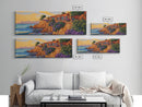 Seaside Villas, Coastal Cliff, Ocean Sunset, Framed Canvas Print, Beach House Art, Colorful Home Decor, Bold Tropical Landscape Art