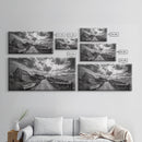 Seaside Village, Driftwood Cabins, Coastal Road, Vintage Fishing Town, Framed Canvas Print, Rustic Kitchen Wall Art, Moody Monochrome