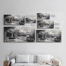 Old Fishing Harbor, Weathered Boats, Coastal Village Scene, Canvas Print, Nautical Kitchen Wall Art, Maritime Black and White Decor