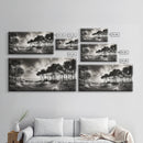 Tree Silhouettes, Coastal Pines Sunset, Nature Path Scene, Framed Canvas Print, Autumn Living Room or Rustic Cabin Wall Decor