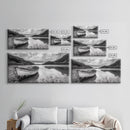 Abandoned Boat, Mountain Lake, Moody Shore, Nature Reflections, Framed Canvas Print, cabin wall art, explorer decor, grayscale nature