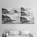 Rocky Shore, Coastal Forest, Black White Landscape, Nature Wall Decor, Framed Canvas Print, Cabin Living Room Art, Fall Inspired Scene