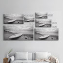 Surfboard, Coastal Shore, Serene Beach, Cloudy Sky, Framed Canvas Print, surfer room decor, rustic beach wall art, neutral home style