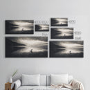 Seagull, Stormy Beach, Reflective Shore, Moody Sky, Framed Canvas Print, coastal bedroom decor, peaceful nature art, minimalist seascape