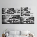 Island Pines, Rocky Shoreline, Peaceful Water, Stormy Sky, Framed Canvas Print, coastal art, rustic nature wall art, neutral living room decor