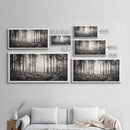 Forest Light Scene, Tall Trees Shadows, Nature Mist Pathway, Framed Canvas Print, Woodland Bedroom Art, Boho Rustic Wall Decor