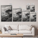 Tree On Cliffs, Foggy Coastline, Monochrome Coastal View, Moody Nature Scene, Framed Canvas Print, Bedroom Wall Art, Earthy Minimalist Decor