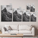 Lush Mountain Range, Cloud Covered Peaks, Jungle Tranquility, Framed Canvas Print, Entryway Wall Art, Black and White Nature, Boho Wall Art