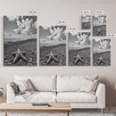 Starfish on Shore, Rocky Beach Scene, Cloudy Sky Horizon, Ocean Calm, Framed Canvas Print, Coastal Art, Bathroom Wall Decor