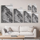 Rocky Cliff Trail, Coastal Hiking, Rugged Landscape, Nature Adventure Art, Framed Canvas Print, Cabin Wall Decor, Black and White Aesthetic