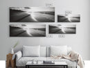 Beach Horizon, Sunset Shoreline, Ocean Reflections, Framed Canvas Print, black and white coastal art, modern bedroom wall decor