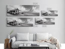 Seaside Bar, Beach Café, Oceanfront Dining, Cloudy Sky, Framed Canvas Print, Kitchen Wall Art, Black and White Tropical Art, Travel Decor