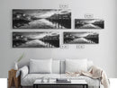 Fishing Dock, Quiet Marina, Waterside Village, Canvas Print, Nautical Wall Art, Lake House Decor, Black and White Photography