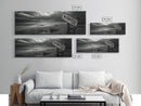 Stormy Beach, Weathered Sign, Moody Ocean, Black and White Photography, Framed Canvas Print, Coastal Gothic Wall Art, Autumn Decor
