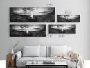 Seaside Fire, Coastal Camp, Black White, Night Shore, Framed Canvas Print, Fall decor, rustic outdoor art, cozy cabin wall art, man cave