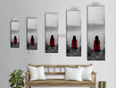 Solitude Reflection, Red Dress Woman, Tranquil Mood, Autumn Lake Scene, Framed Canvas Print, Mindful Art, Bedroom Wall Decor