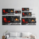 Fireplace, Red Chair, Cozy firelight and bold red accent chair on this Framed Canvas Print, Cozy Fall Living Room Art, Cabin Decor Accent