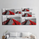 Pier, Red Railings, Fog, Lonely walk down a vivid red pier into the mist in this Framed Canvas Print, Coastal Decor, Minimalist Wall Art