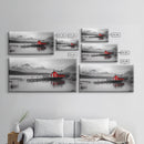 Red Cabin, Lake House, Mountain Reflection, Framed Canvas Print, Nordic Art, Winter Landscape, Bedroom Wall Art, Modern Minimalist Decor