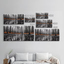 Reflected Forest, Orange Leaves, Tranquil River, Monochrome Fall, Canvas Print, Rustic Decor, Bedroom Wall Art, Woodland Scene