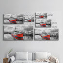 Red Boat, Dock Reflections, Moody Sky, Harbor Life, Framed Canvas Print, Nautical Wall Decor, Coastal Art, Living Room Art, Maritime Style